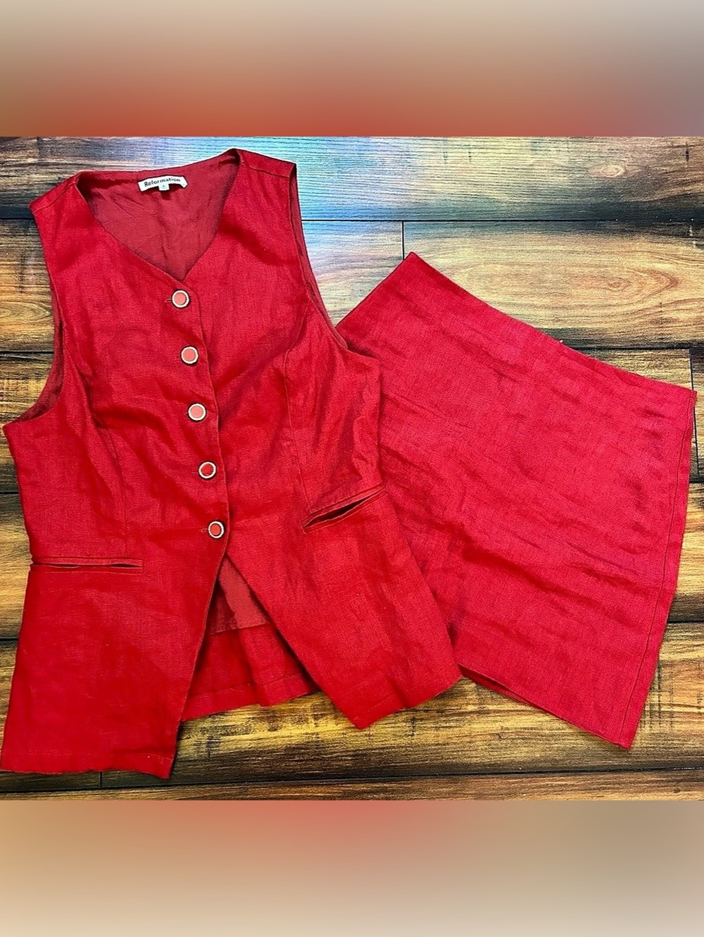 Reformation Aspen Linen Vest Red Mini Skirt Set Size 2